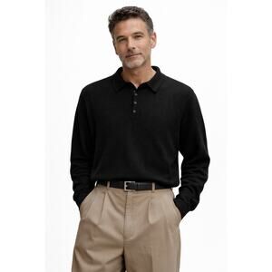 1990s Precious Fibers Black Cashmere Collared Sweater Polo Top Large